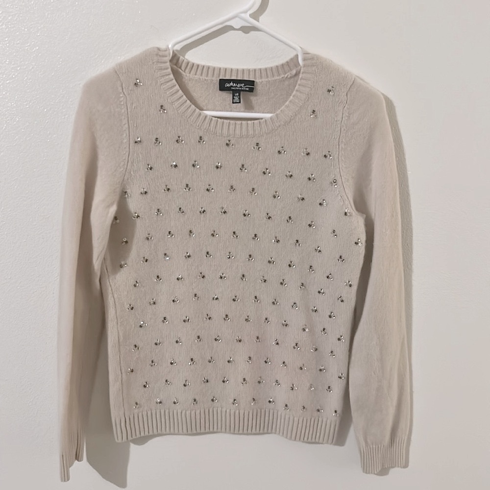 EUC Saks Fifth Ave Cashmere Cream Crew Neck Gold/Sparkling Glass Gems Sweater